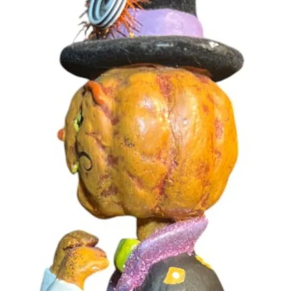 Folk Art Pumpkin Figurine Halloween Flocked Hat Whimsical Suit 12.5" tall x 6" d - Picture 11 of 16
